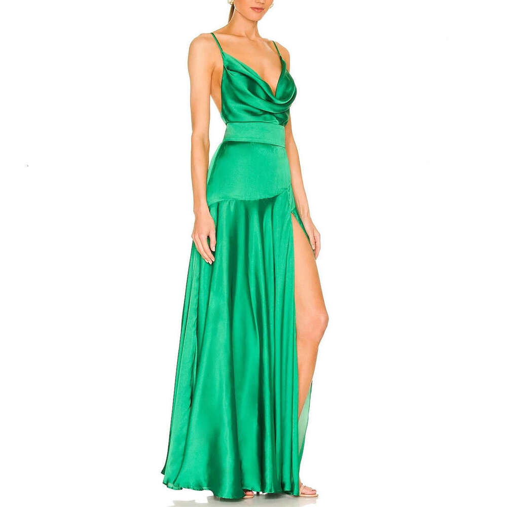2026 summer European and American niche goddess sexy backless collar waist high slit satin flowing vacation long dress