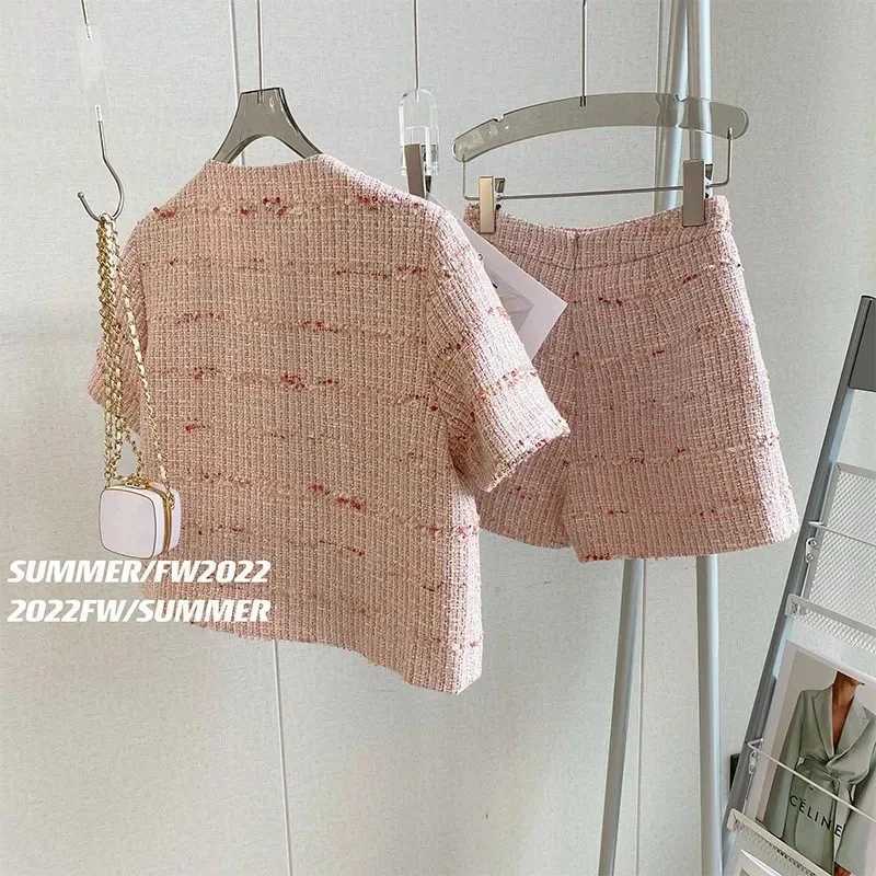 Pink Tweed 2 Piece Set for Women, Crop Jacket & Shorts Matching OutfitT260226