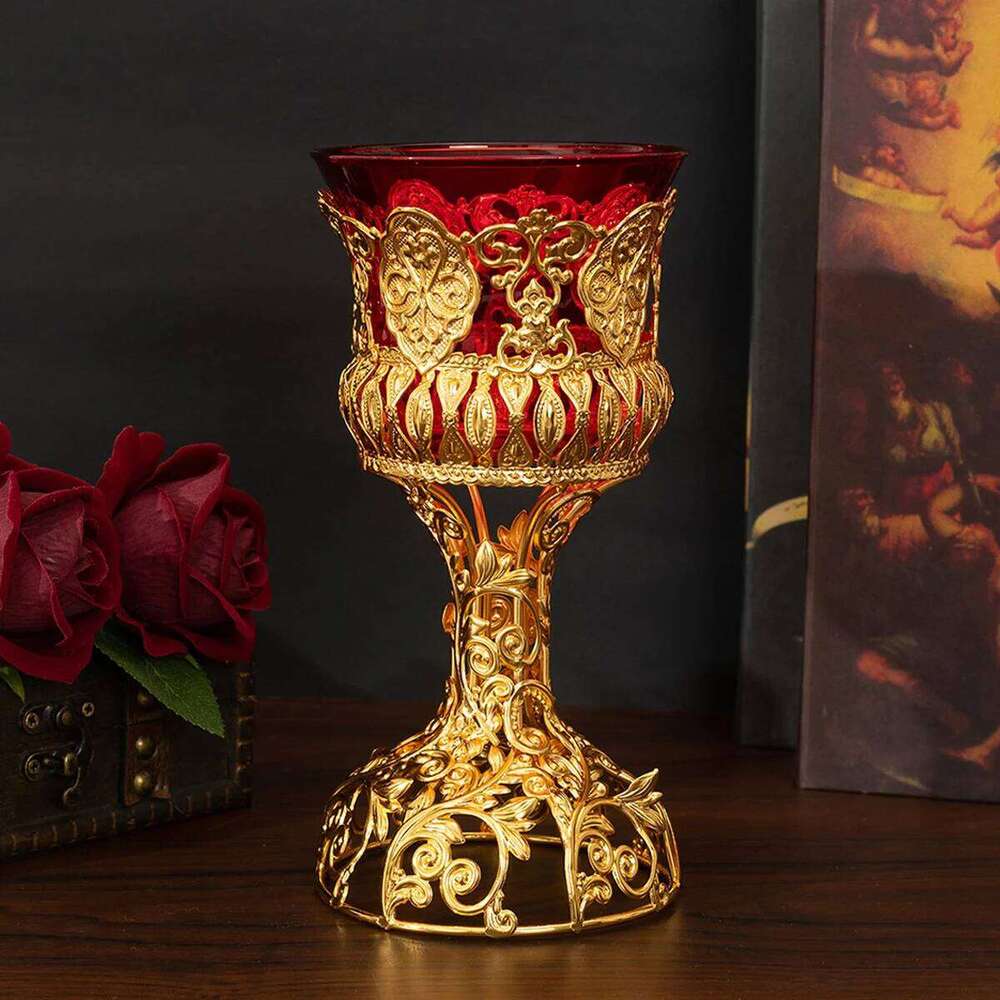 Cross-border hot selling metal red glass bowl cup European style ornament candle holder W260226