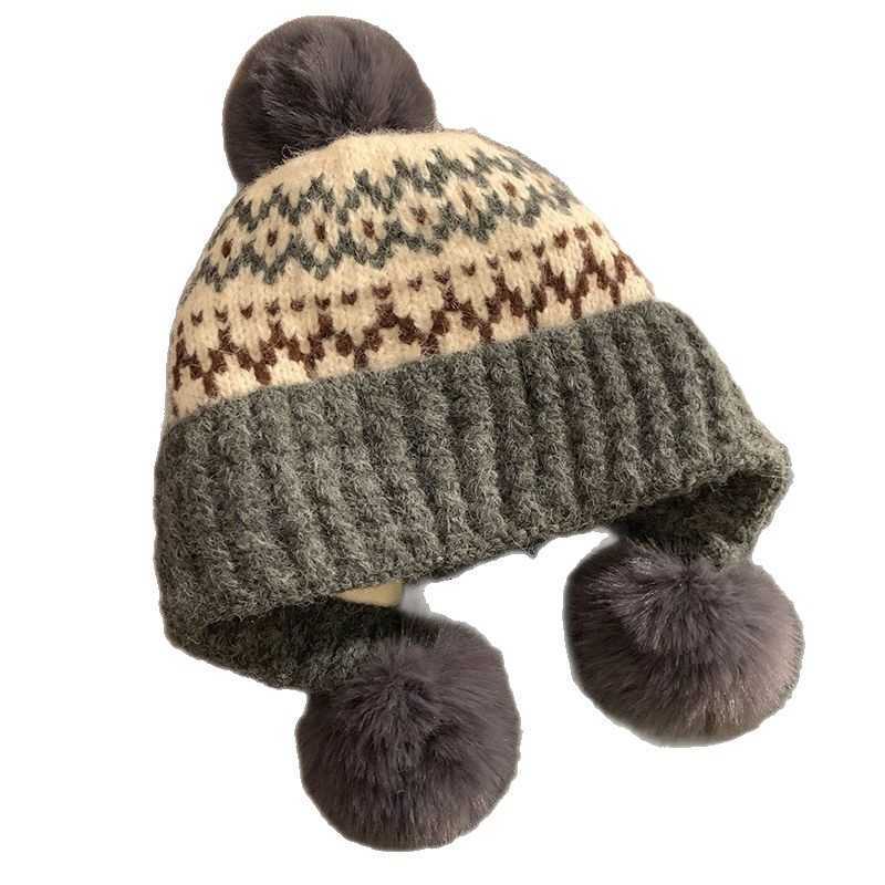 Winter fleece-lined thickened knitted hat Fair Isle style cold-proof warm ear-protecting cold weather beanie headwrap slimming hat S260225