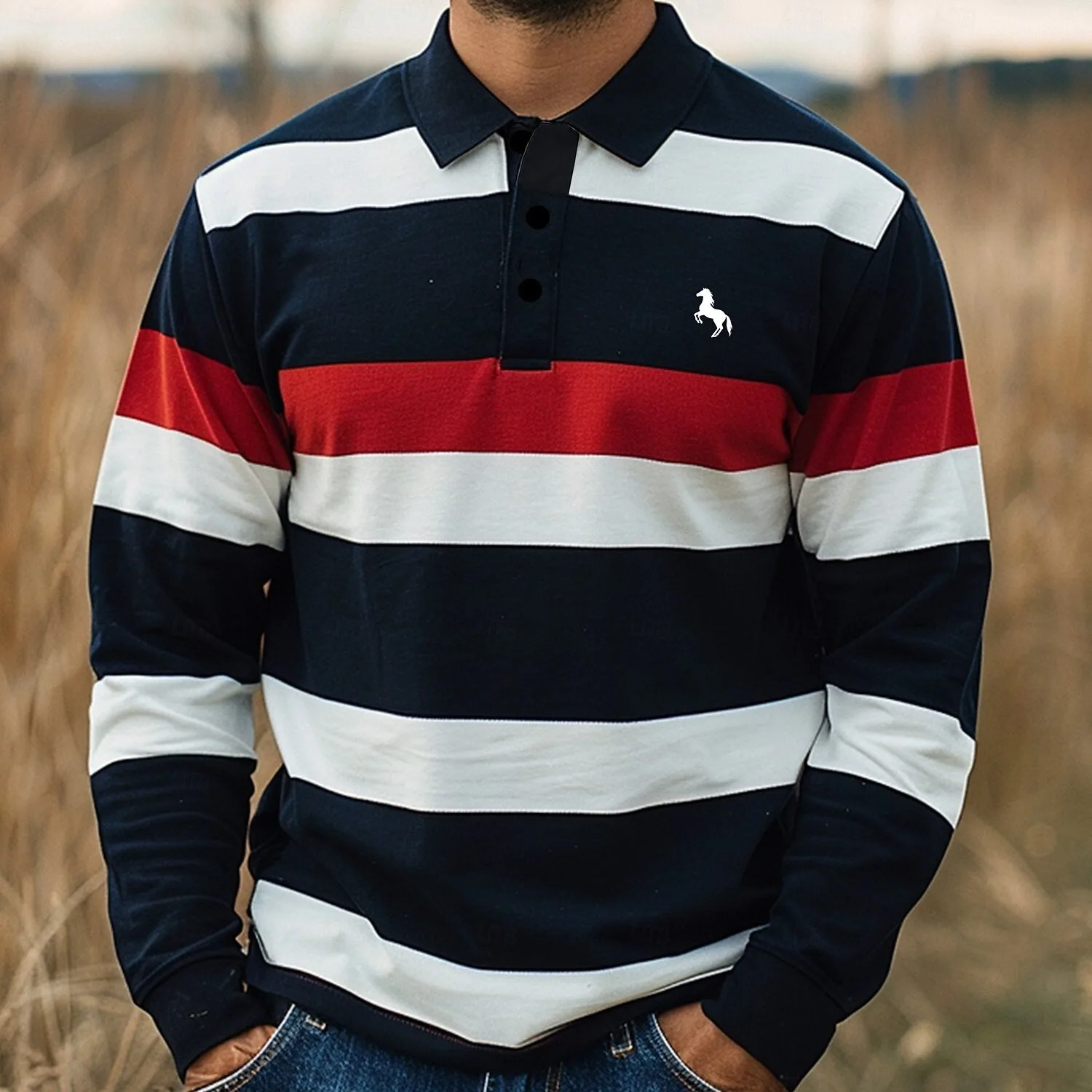 Mens Striped Rugby Long Sleeve Polo Collar Business Casual Outdoor Street Dailywear 3D Print Spring Fall Shirts Clothing 260129
