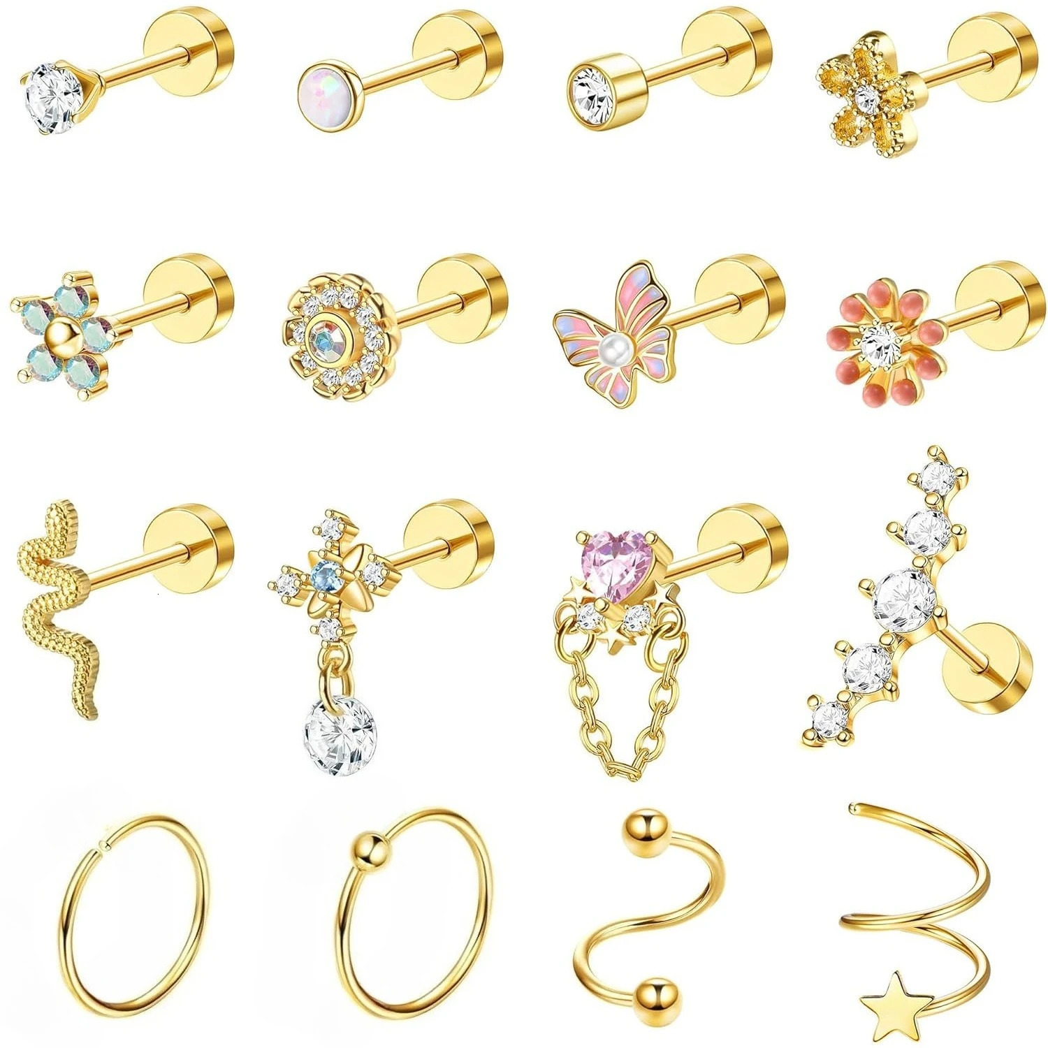 Bobisty 1PC Cartilage Earring Stud for Women Steel Flat Back Earrings Hoop Flower Snake Shape Helix Piercing Jewelry 260126