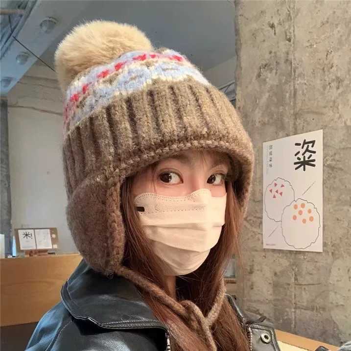 Fair Isle Hat for Women Autumn and Winter Thickened Fleece Warm Ear Protection Face Slimming Knitted Beanie Cold-Proof Lei Feng Hat S260225