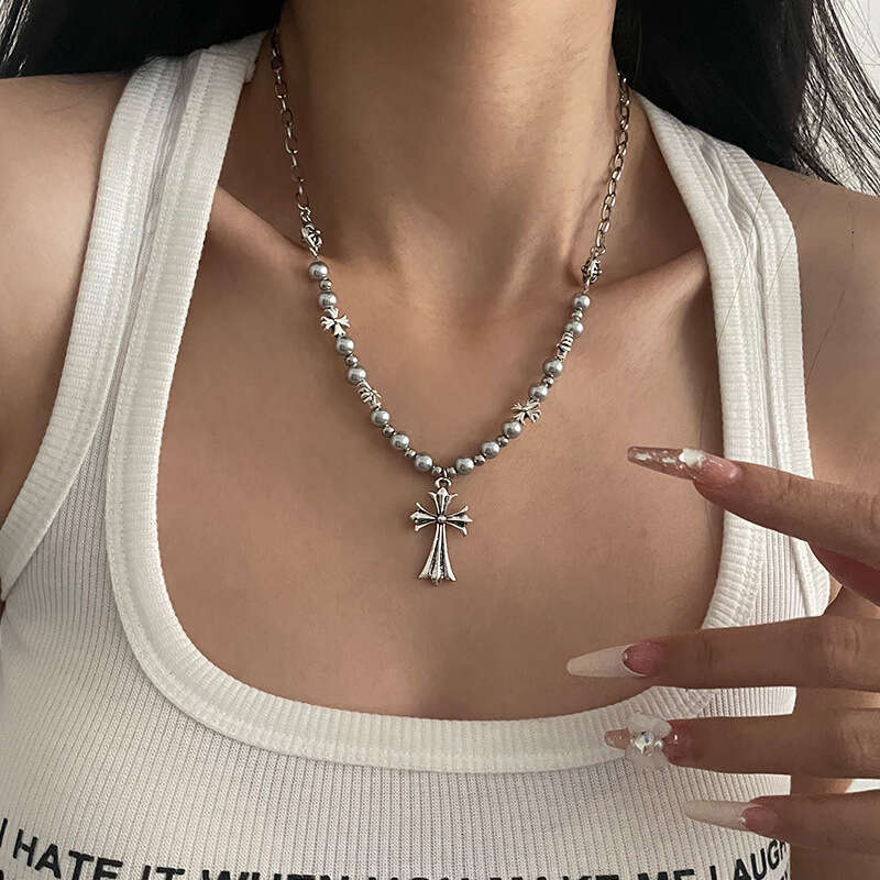 Vintage Cross Beaded Necklace For Women Ins Hip-hop Personality Accessories Sweater Chain