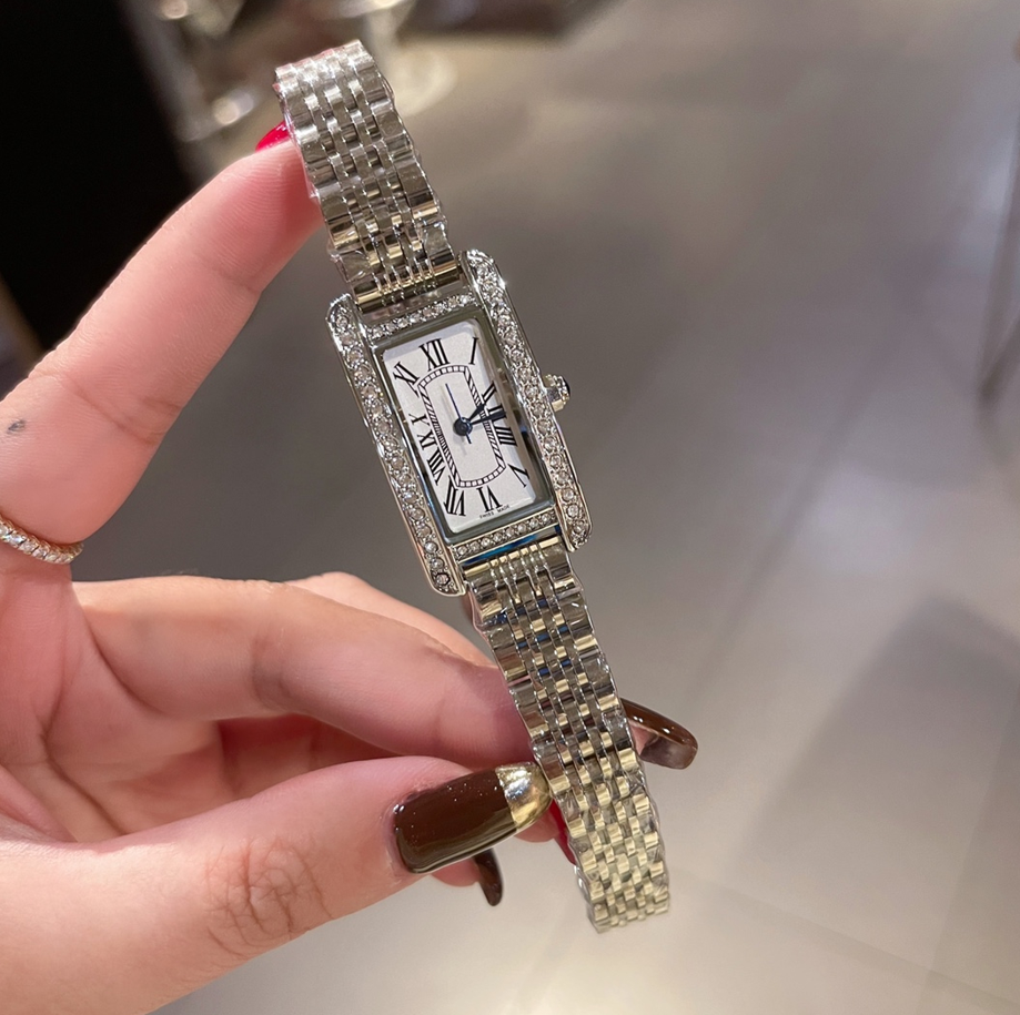 Luxury New Brand TANK Women Watch Fashion with Diamonds Crystal Design Quartz Watches Leisure Rose Gold Stainless Steel Strap Clock #22