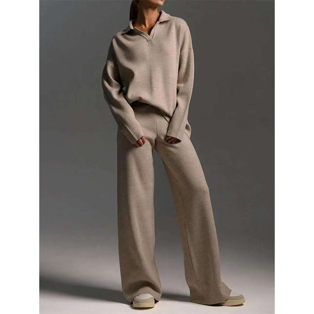 Winter thick women's knitted suit, soft women's sweater, wide leg set, two-piece set, long pants, oversized
