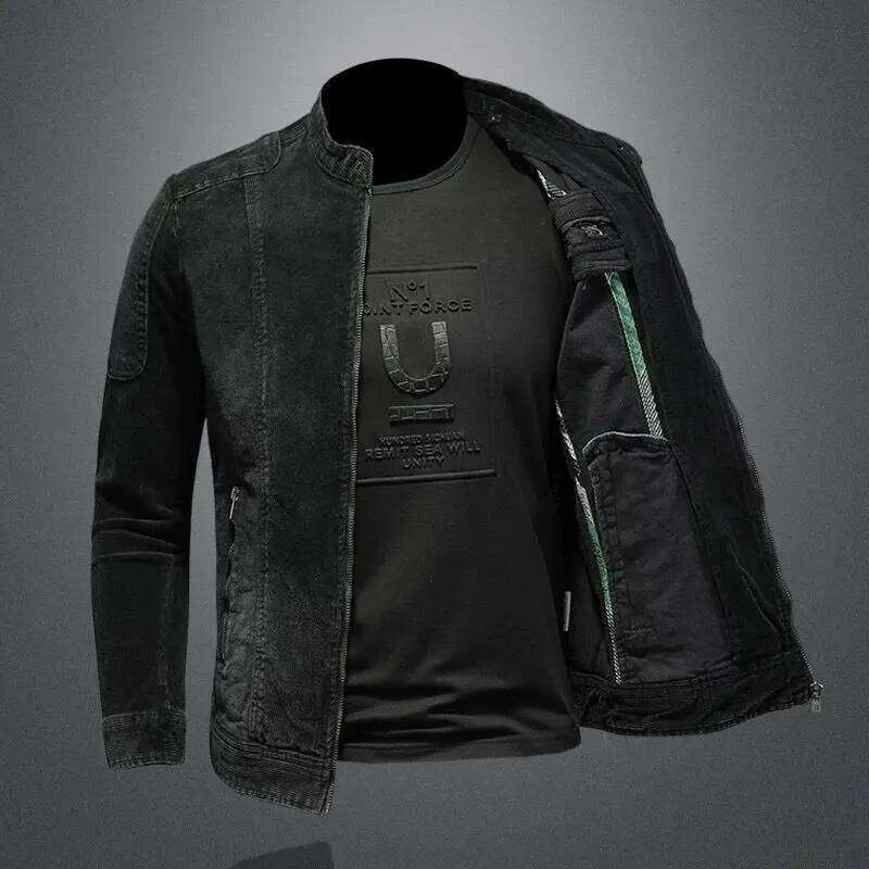 New denim men loose casual stand collar zipper motorcycle retro fashion jacket streetwear men's clothing 26H0226