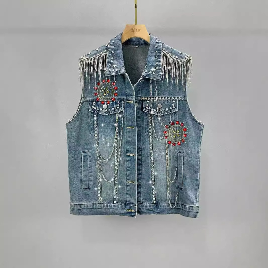 DEAT Womens Denim Coat Heart Beading Pearls Gold Rivets Loose Light Blue Long Sleeve Jackets 2025 Spring Fashion 29L2503 241223