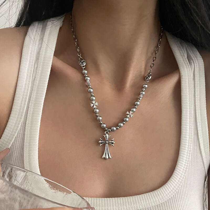 Vintage Cross Beaded Necklace For Women Ins Hip-hop Personality Accessories Sweater Chain