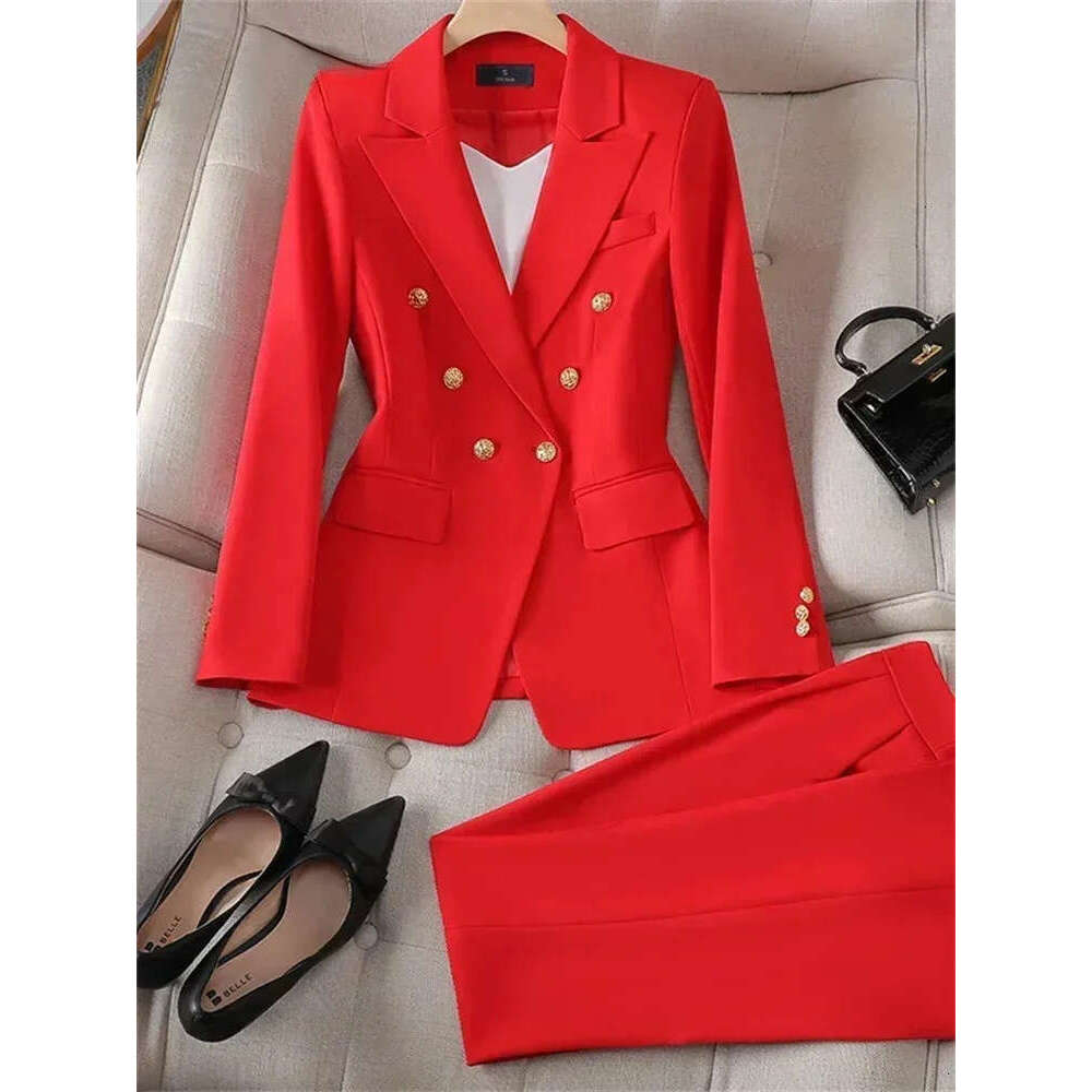 Designer Elegant Office Women's Two Piece Double Chest Long Sleeve Jacket Loose Casual Pants