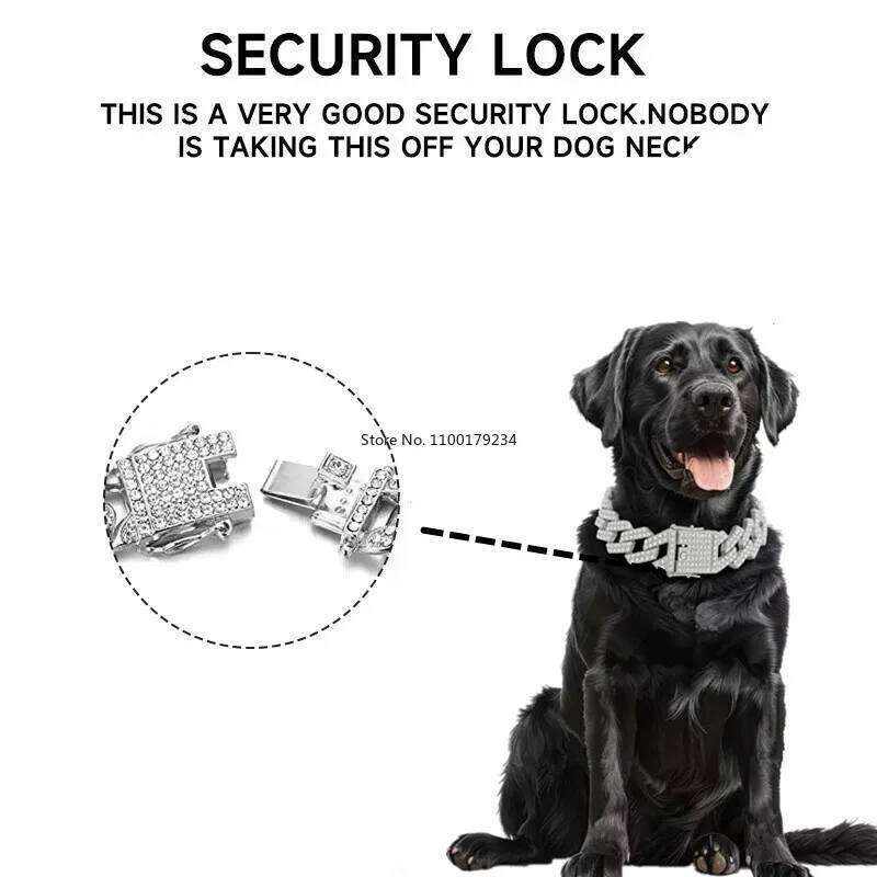 20mm Width Gold Silver Color Classic Miami Cuban Link Chain Large Dog Collar Full Rhinestones Cat Pet Jewelry Para Perros 45cm