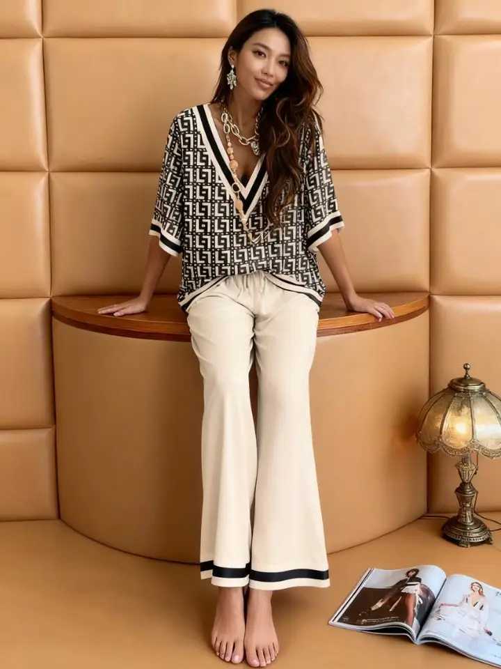 Freeacy Summer Casual Suit for Women Deep V-neck Half Sleeve Printed Top & High Waist Wide Leg Pants Thin OutfitT260226