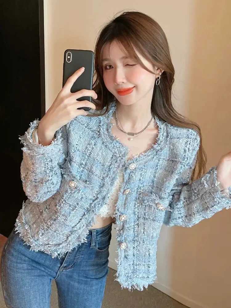 Women's Korean Chic Tassel Tweed Jacket, Slim O-Neck Long Sleeve Elegant Plaid Short CoatT260226