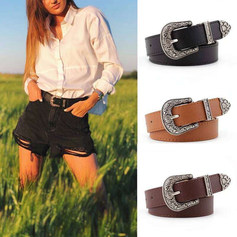Vintage Western Carved Pin Buckle Women Punk Black Brown PU Leather Width Belt Female Jeans Straps Ladies Dresses Waistband Y260225
