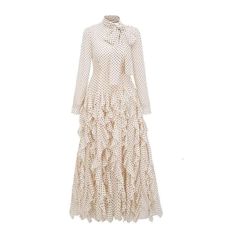 2026 early autumn European and American niche goddess fairy style polka dot ruffled satin ribbon tie fluffy long skirt