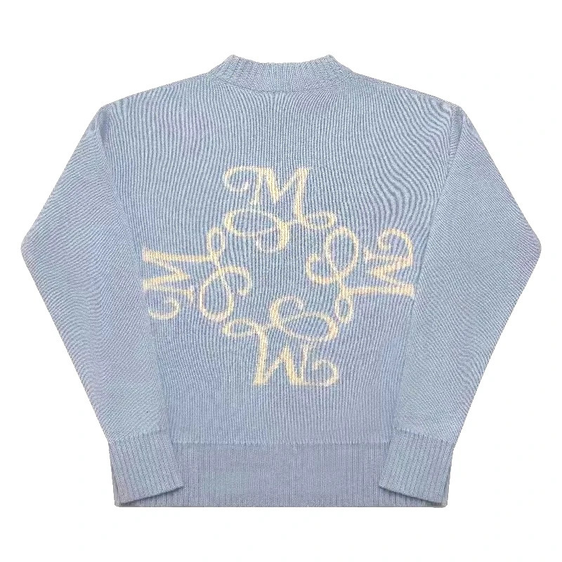 Y2K Sky Blue Long Sleeve Sweater Signature M Symbol Pattern Trendy Vintage Autumn Winter Unisex Oversized Clothing 260129