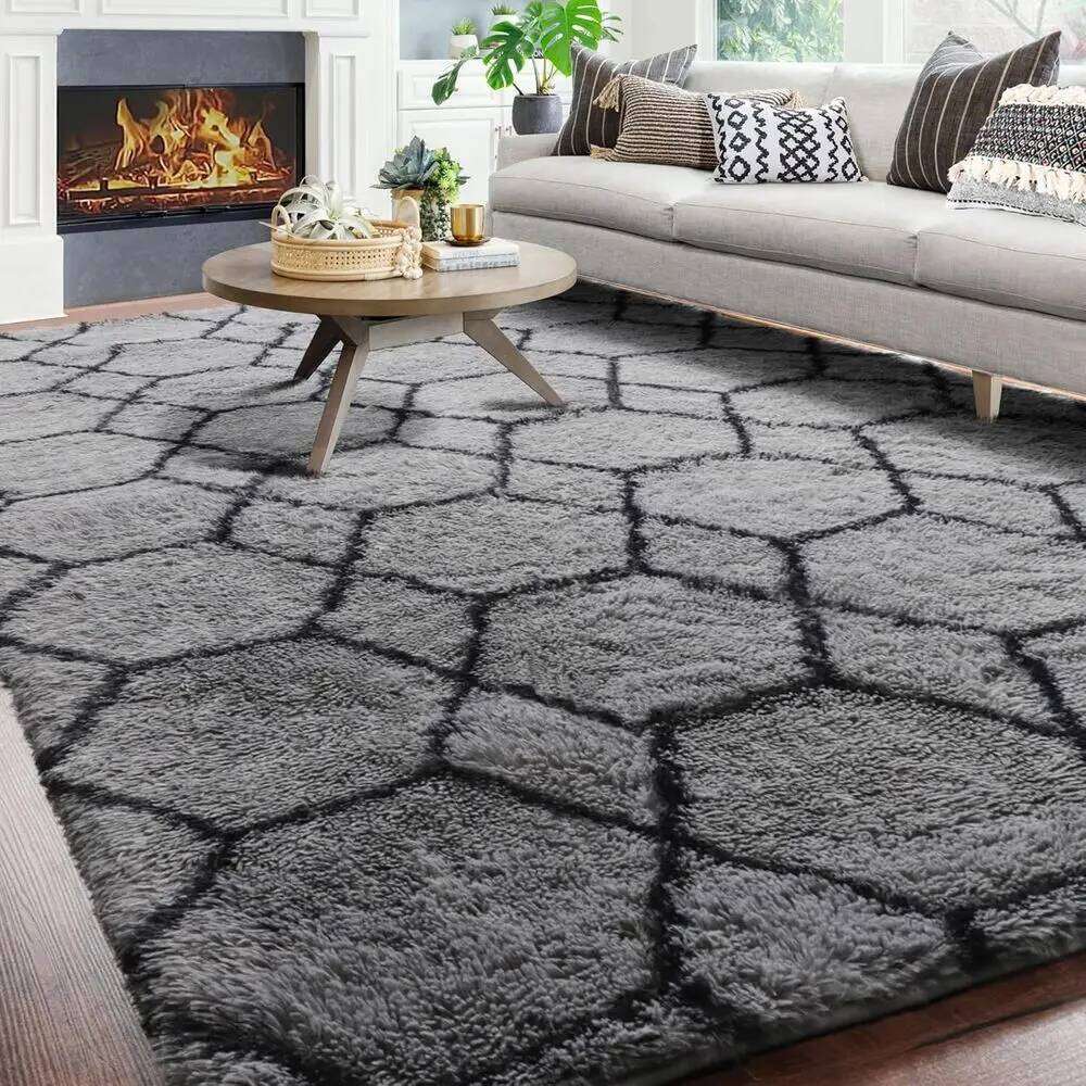 Large Grey Black Geometric Shaggy Rugs Living Spaces, Washable Plush Throw Carpets for Bedrooms, Kids' Rooms, and Dorms W260226
