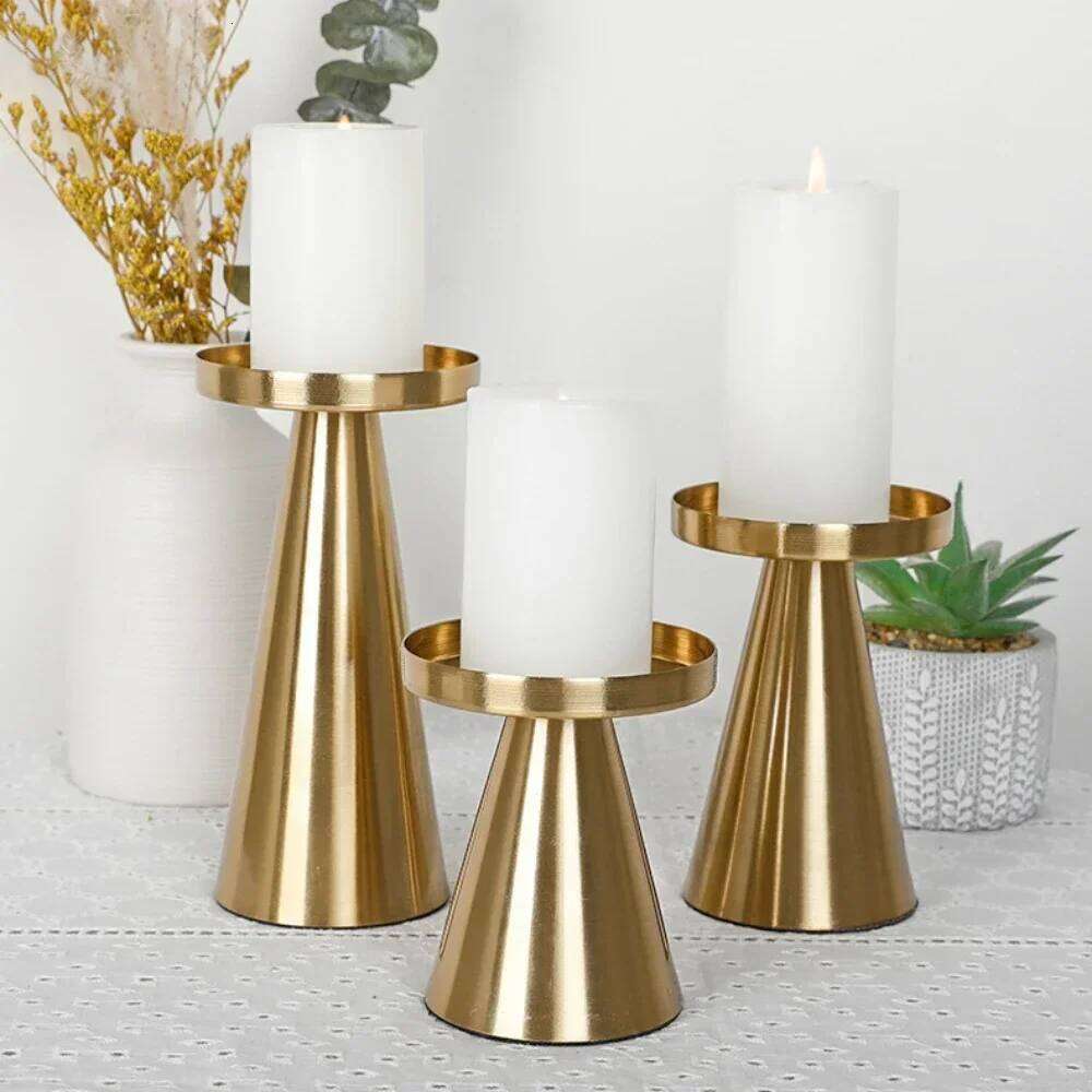 Golden Holder 3-1 Set Candlestick Pillar Candle Container Taper Metal Stand Wedding Decor Luxury Valentine's Day Gifts W260226