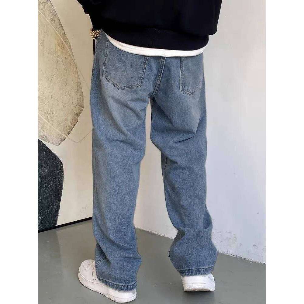 Straight Leg Jeans Blue Washed Men's Urban Pants with Claw Scratch Details for Modern Street Style Z260225