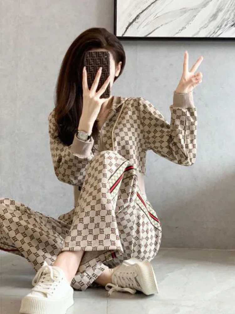 Women's Two Piece Set, Print Zip Hoodie & Wide Leg Pants, Spring Autumn Casual OutfitT260226