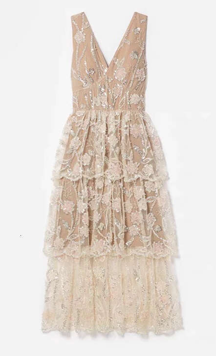 2026 new designer fashion brand elegant fairy style sleeveless V-neck sequined embroidered layered long skirt