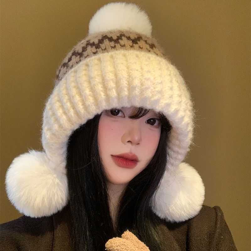 Winter fleece-lined thickened knitted hat Fair Isle style cold-proof warm ear-protecting cold weather beanie headwrap slimming hat S260225