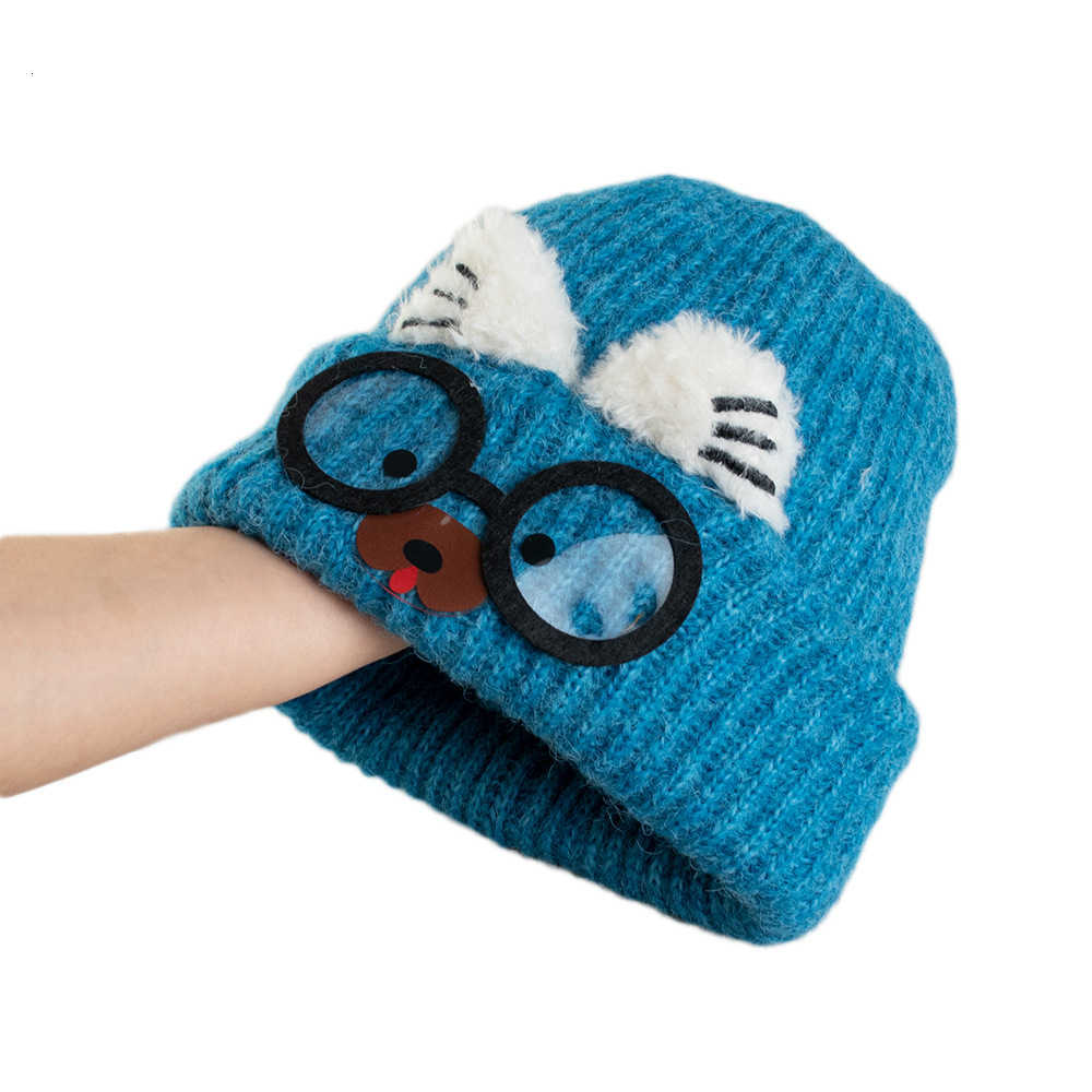 Cute Cat Ear Knitted Hat for Women Autumn and Winter Warmth Large Head Circumference Face Slimming Cartoon Cat Glasses Ear Protection Yarn Hat S260225