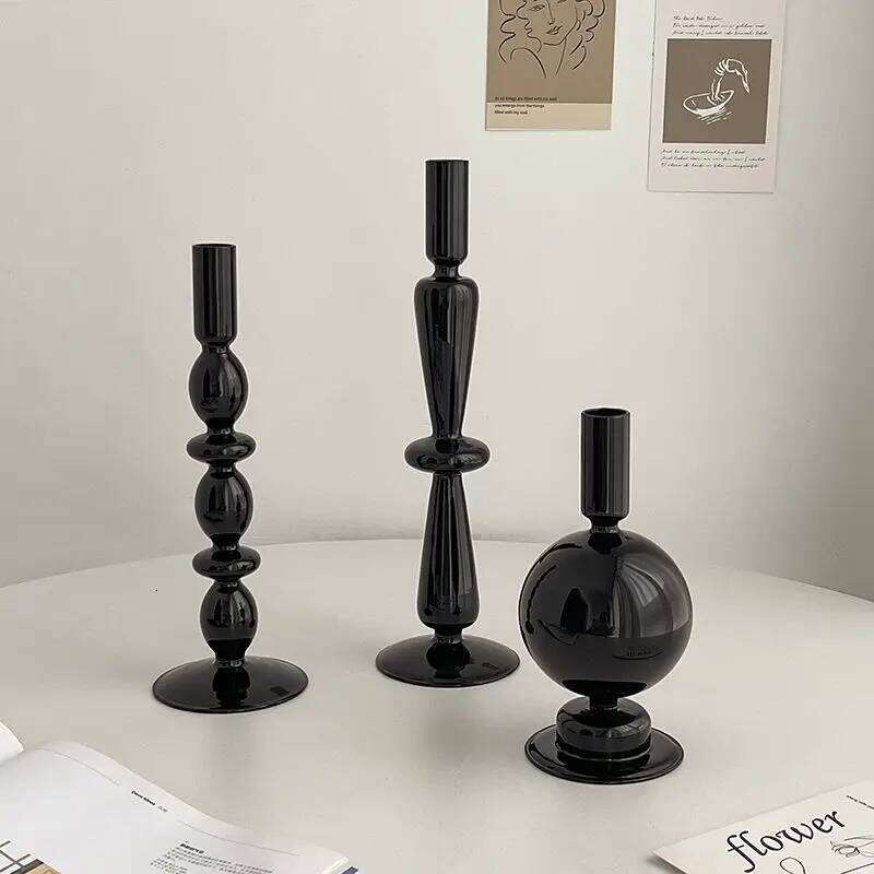 Black Home Candlesticks Living Room Modern Decoration Glass Vase Bookshelf Decor Candle Stick Holder W260226