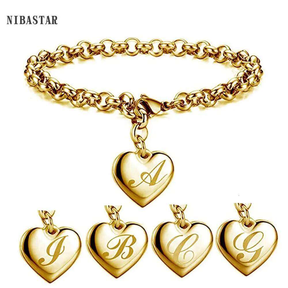 Initial Charm Gold-Color Bracelets Stainless Steel Heart 26 Letters Alphabet Bracelet for Women Girls Kids Gifts Z260225
