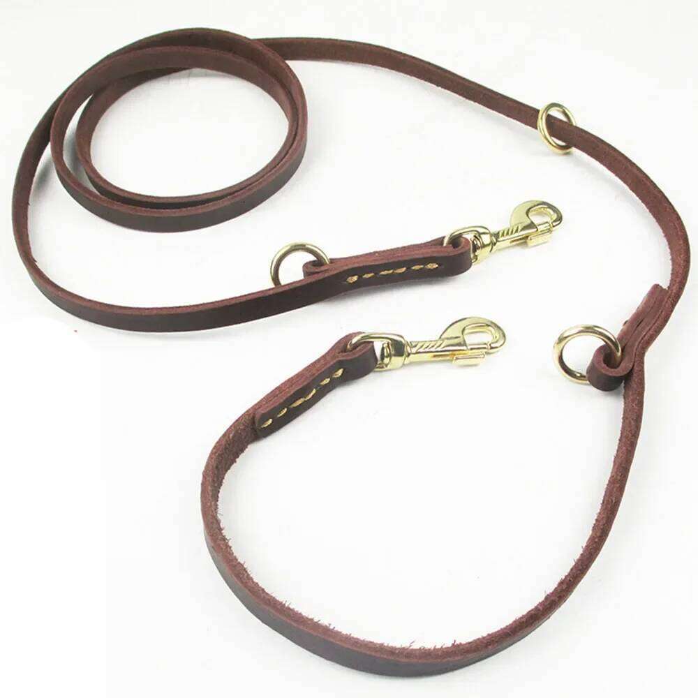Real Leather Multifunctional Dog Tie Out Cable Pet Hands Free for Walking Running Double Dogs Leash Leads