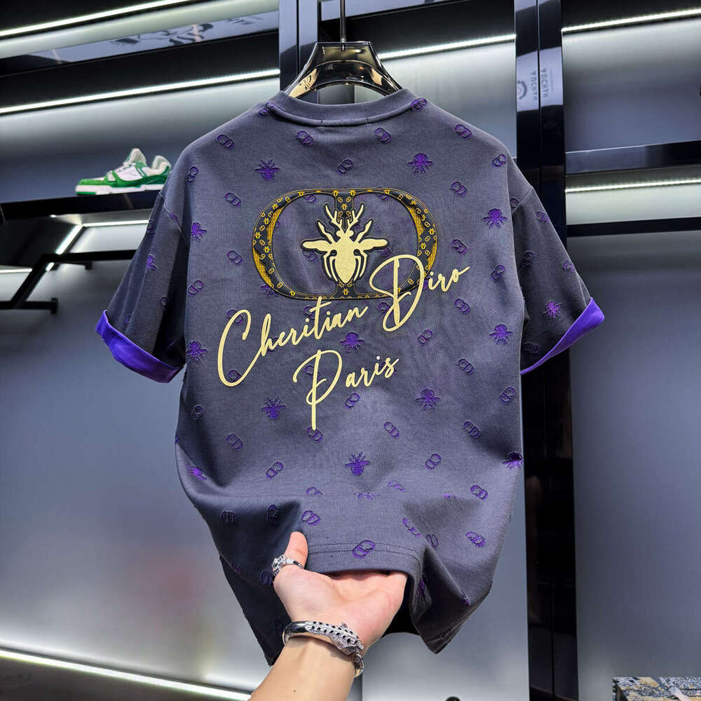European Style Men's High-End Burnt Flower Bee Short T-Shirt New Summer Trendy Loose American Light Luxury Half Sleeve
