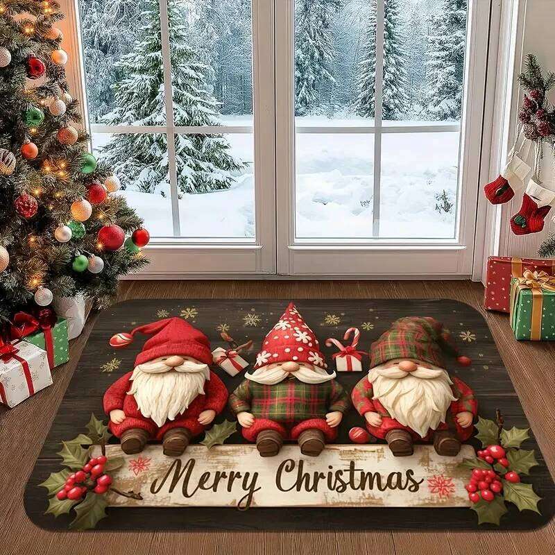 Christmas Gnome Carpet Red Black Plaid Rug "Merry Christmas" Snowflake Pine Branch Home Decoration Entryway Floor Mat W260226