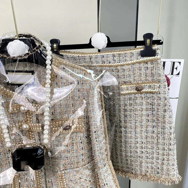 Women's suit set, women's two-piece set, long sleeved checkered printed short tweed jacket, button up front skirt two-piece set