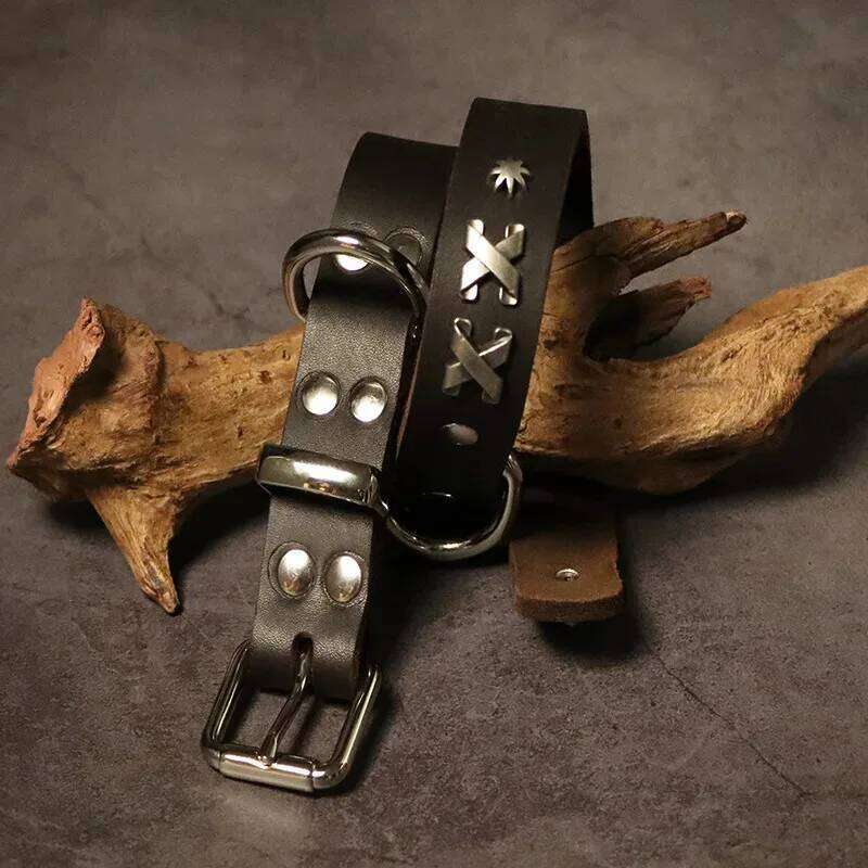Vintage Leather Dog Set - Handcrafted Genuine Cowhide Collar & Lead Golden Retriever Malamute, Retro Training Gear for Large
