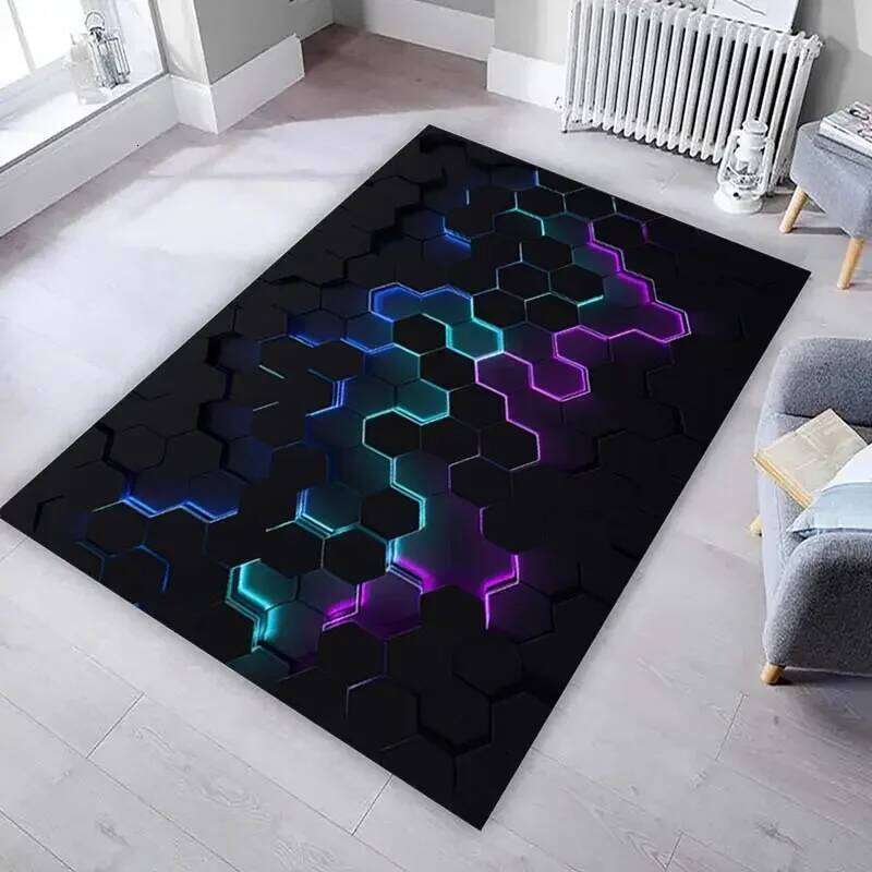 3D Hexagon Pattern Carpet with Neon Aesthetic Non Slip Floor Mat for Gaming Teens Bedroom Decor Living Room Area Rug W260226