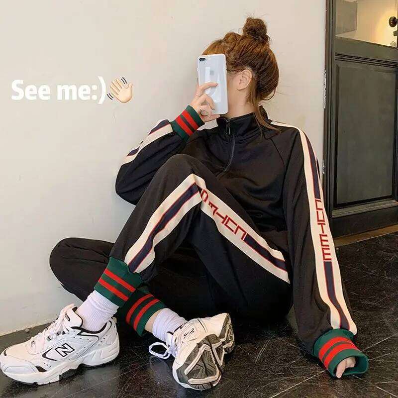 Women's Spring Autumn Sports Set, Loose And Slim Korean Edition, Student Fashion, Western Style, Hoodie, Casual Two Piece Se