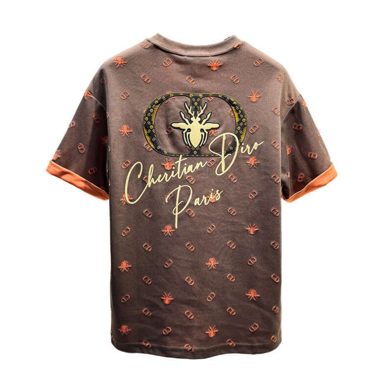 European Style Men's High-End Burnt Flower Bee Short T-Shirt New Summer Trendy Loose American Light Luxury Half Sleeve