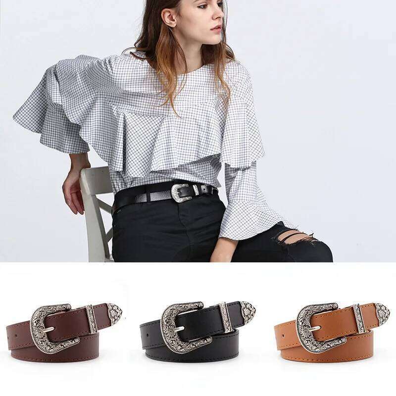 Vintage Western Carved Pin Buckle Women Punk Black Brown PU Leather Width Belt Female Jeans Straps Ladies Dresses Waistband Y260225