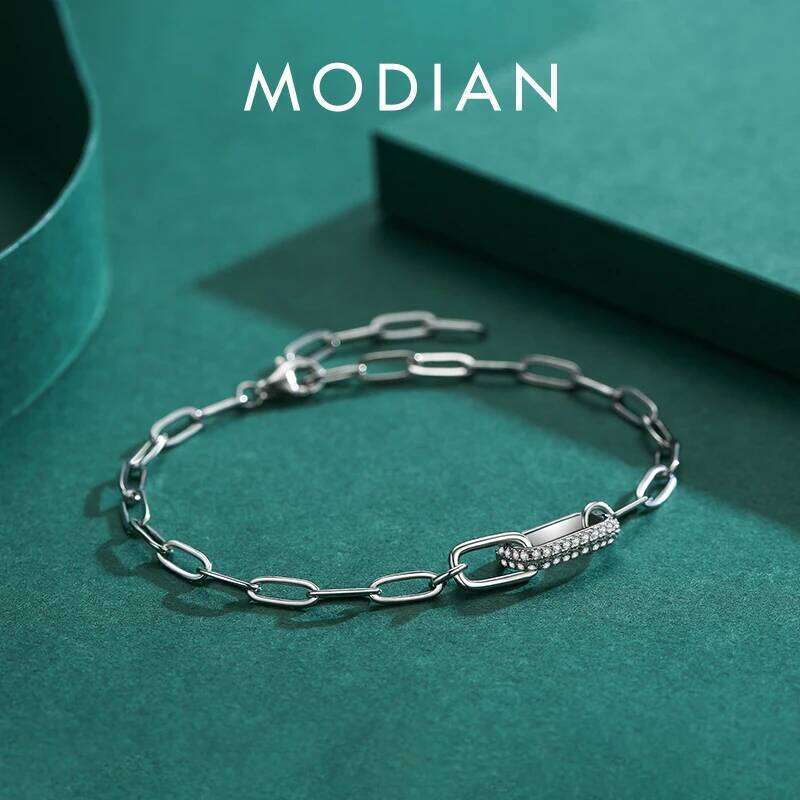Modian Trendy 925 Sterling Silver Geometric Link Lock Bracelet for Women Classic Zirconia Chain Female Bracelets Fine Jewelry Z260225