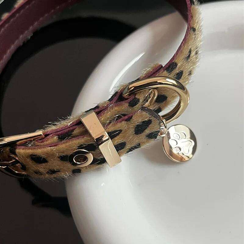 Leopard Pattern Small with Soft PU Leather Dog Metal Leash- Adjustable Comfort Fit Pet Collar for Wal