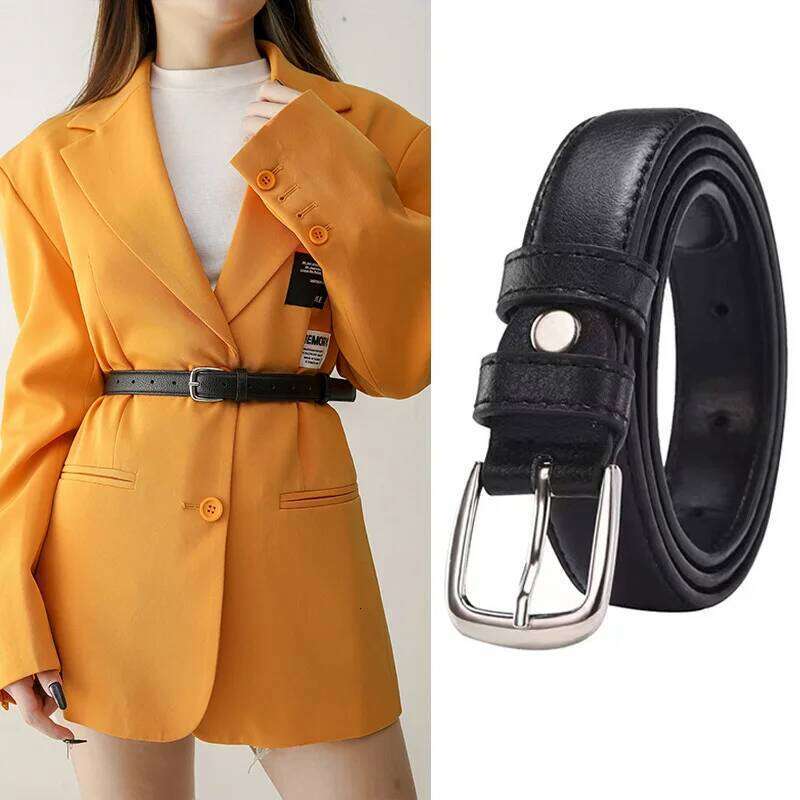 Black Wild Women Jeans Thin Belt Simple Silver Pin Buckle Pants Belts Female PU Leather Waist Strap Youth Students Waistband Y260225