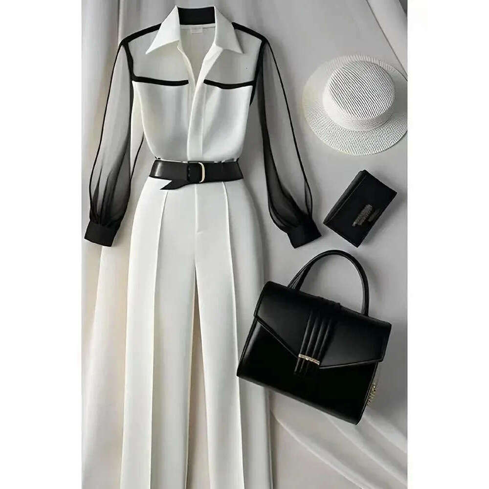 Women's White Pants Loose Set Retro Perspective Autumn Shirt Sleeve Korean Top 2026