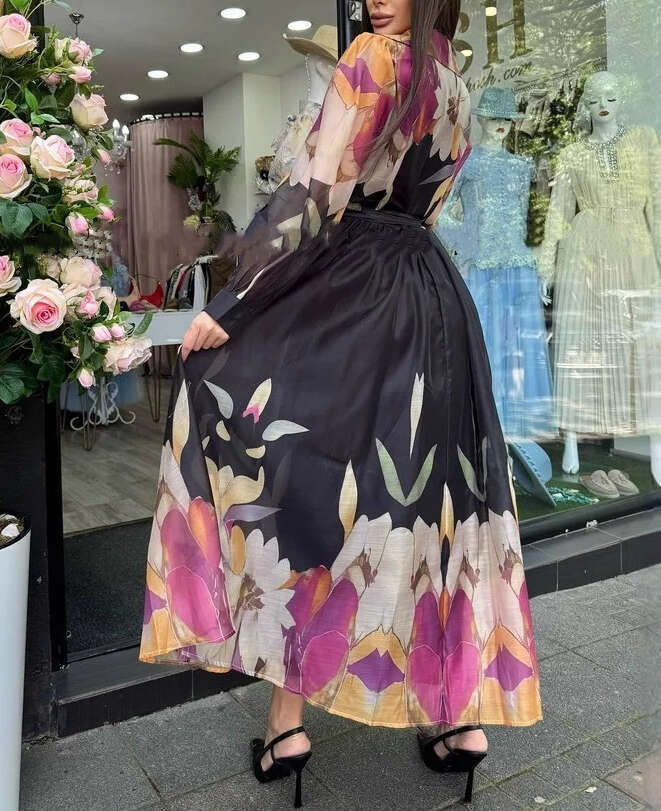 2026 autumn and winter European and American fashion goddess elegant loose flower tie waist casual suit collar long skirt