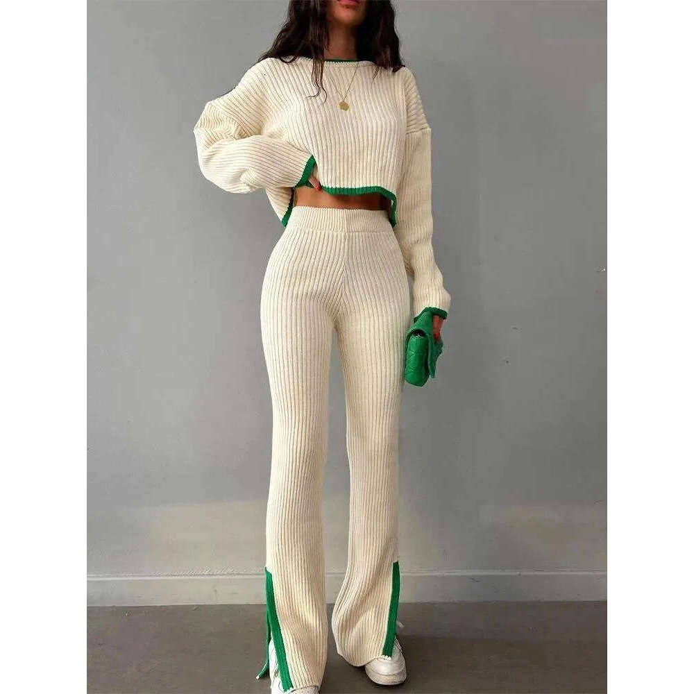 Women's two-piece long pants sports suit pullover wide leg set 2026 autumn casual elegant street wear color blocked knitting