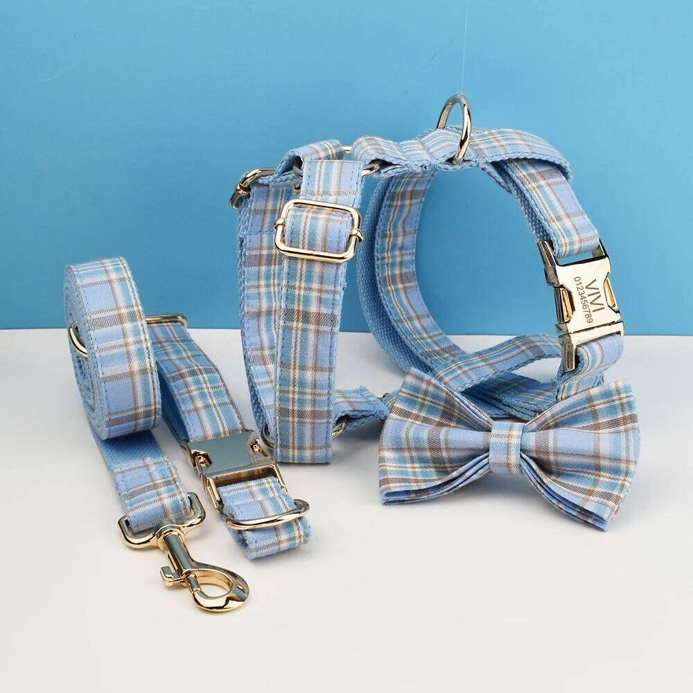 Plaid Collar And Set For Dogs Custom Engraved Nameplate Pet Supplies Dog Leash Grid 16