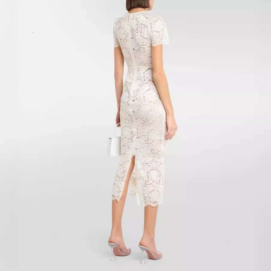 2026 Summer Fashion Elegant Lace V-neck Slim Fit Women's Midi Dress Suitable for Social Goddess