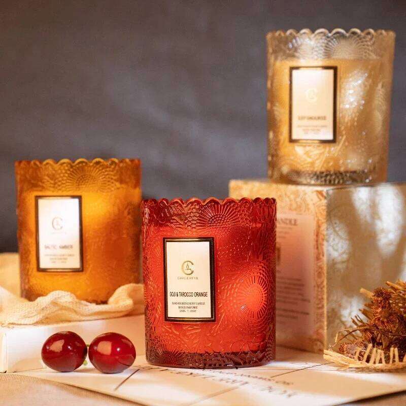 Lace Embossed Scented Candle Soy Wax Glass Cup Home Bedroom Living Room Air Fresh Fragrance Ornaments W260226