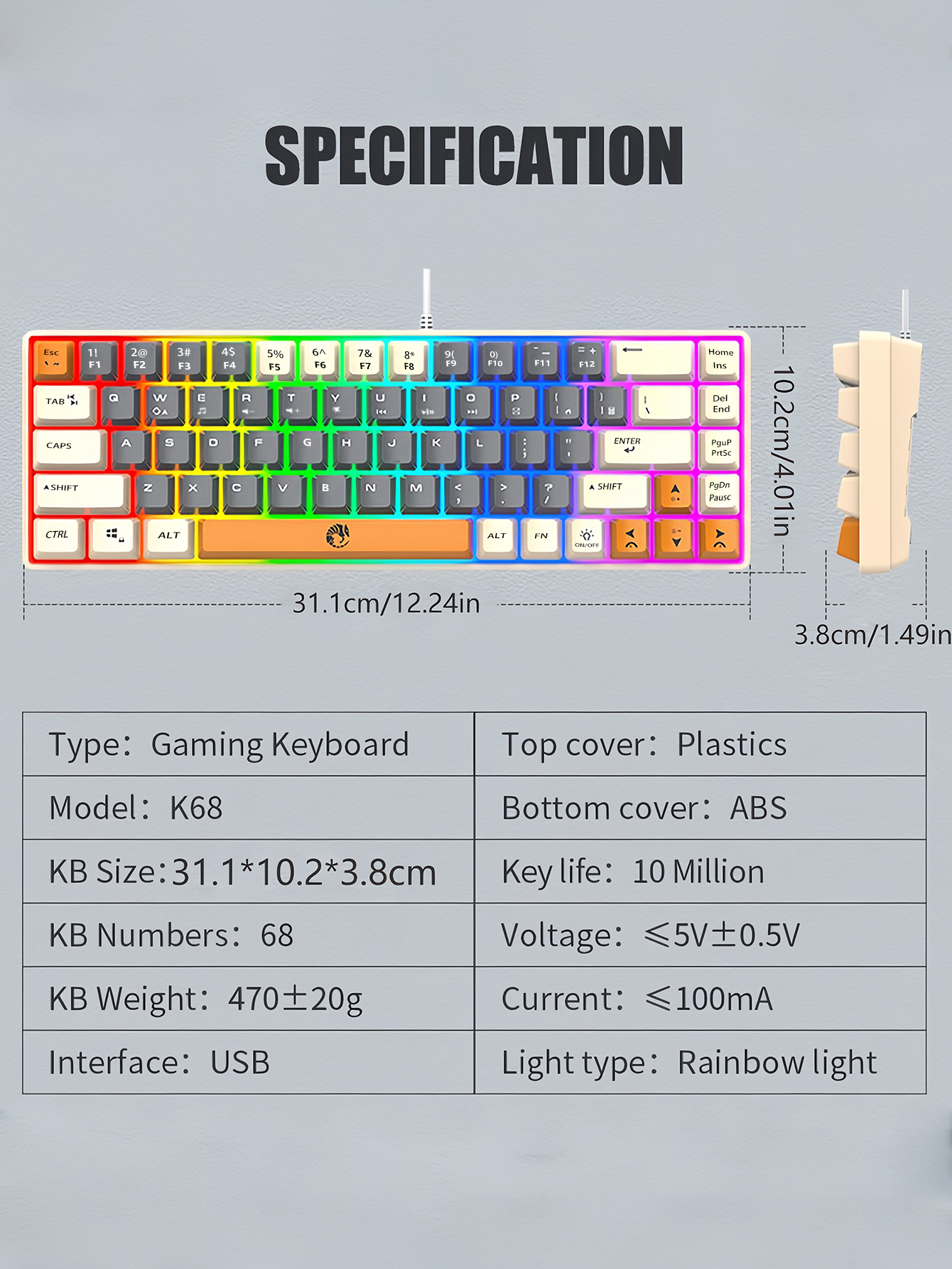68-Key Mini Mechanical USB Wired Gaming Keyboard, RGB Backlit Gaming Keyboard in Multiple Colors, Suitable for Windows PC Gamers, Desktop Computers an