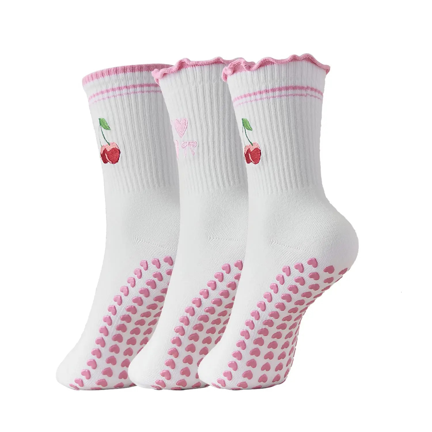 3 pairs Cute 3 Pairs Pilates Socks with Grips Ruffle Yoga Sock Grip Socks for Women 260202