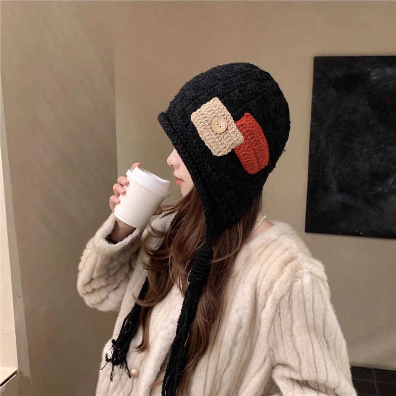 New Fashion Patchwork Tassel Knitted Hat for Women Autumn and Winter Warm Wool Hat Christmas Little Red Riding Hood Korean Style Face Slimming S260225
